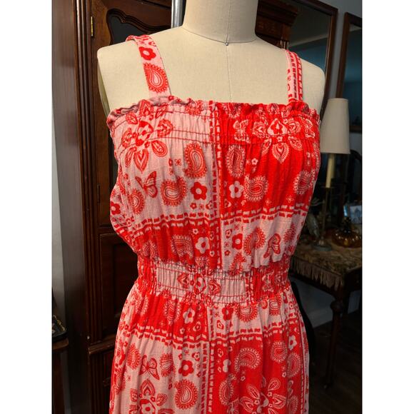 Lisa Says Gah Bandana print pink red smocked dress small linen - Picture 3 of 9